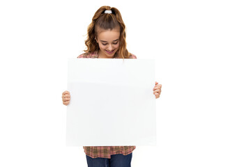 Fototapeta premium Photo of beautiful amazing cute adorable brunette teenage girl with ponytail in stylish plaid jacket, white t-shirt and holds white blank sheet isolated on white background with free space for text