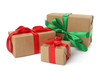 Different beautifully wrapped gift boxes on white background