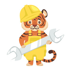 Vector cute tiger in workwear holding wrench