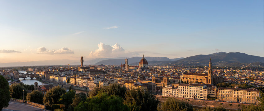 Panoramic view of Santa Maria del Fiore cathedral from Piazzale Michelangelo in Florence downtown, Tuscany, Italy.
