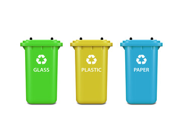 Recycle bins for plastic, paper, glass on white background