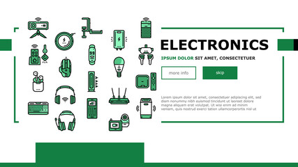 Electronics Digital Technology Landing Web Page Header Banner Template Vector. Wireless Headphones And Earbuds, Smart Speaker And Projector, Gaming Mouse Keyboard, Streaming Player Illustration