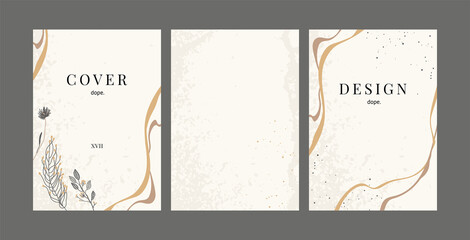 Fototapeta na wymiar Set of abstract backgrounds, templates in trendy earthy colors. Modern design with linear floral illustrations, golden lines and abstract shapes with texture. Covered under mask, easy to use.