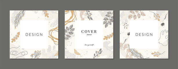 Set of abstract square backgrounds, templates in trendy earthy colors. Modern design with linear floral illustrations and abstract shapes with texture. Covered under mask, easy to use.