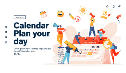 Day planning, notification of work organization and life events, memo reminder, work plan template landing page. Time management. Cartoon vector illustration with characters around a large calendar.