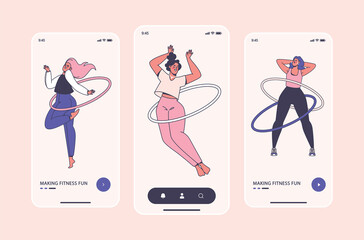 Mobile app page onboard screen template fitness concept. Girls exercise with waist hoops, hula hoops. Flat cartoon style with outlines. Healthy lifestyle concept, fun morning exercise for girls.