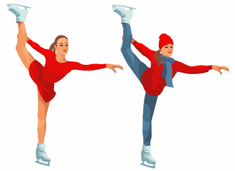 A figure skater girl in red clothes holds on to a high-lifted leg while skating on a skating rink © ivnas