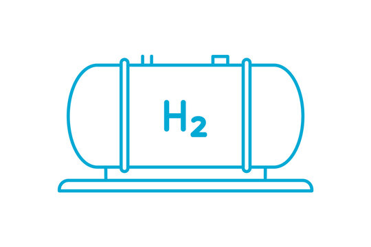 Big blue hydrogen tank line icon. Hydrogen fuel storage. Industrial cylinder gas tank. Liquid or gas hydrogen. High pressure tank. Sustainable energy concept. Vector illustration, flat, clip art. 