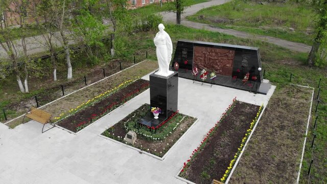 Aerial view of the monument to the soldiers of the Great Patriotic War (Strizhi, Kirov region, Russia)
