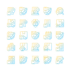 International shipping business gradient linear vector icons set. Worldwide delivering of cargoes, parcels and mail. Thin line contour symbols bundle. Isolated outline illustrations collection