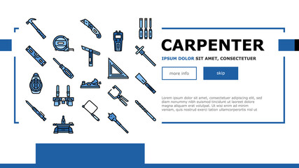 Carpenter Tool And Accessory Landing Web Page Header Banner Template Vector. Carpenter Pencil And Chisel, Saw Hammer, Sliding Bevel Tape Meter Measuring Equipment. Carpenting Instrument Illustration