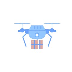 Vector flat cartoon quadcopter with parcel isolated on empty background-modern transportation technologies,drone delivery service concept,web site banner ad design