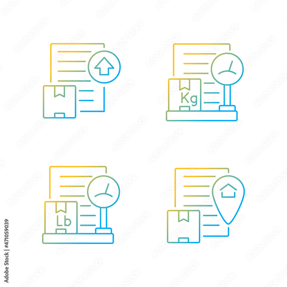 Poster international shipment documents gradient linear vector icons set. packing list, origin certificate 