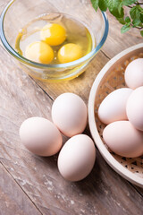 Eggs on wooden table. Brown eggs 