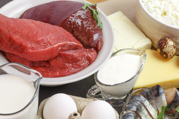 Healthy food, foods rich in vitamin D, omega 3 and protein, quail eggs, sea smoked mackerel fish,...