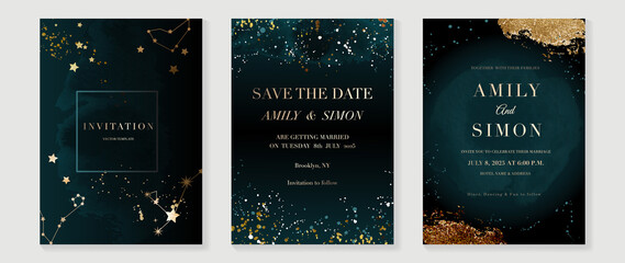 Star and moon themed wedding invitation vector template collection. Gold and luxury save the dated card with watercolor and gold sparkles and brush texture. Starry night cover design background.