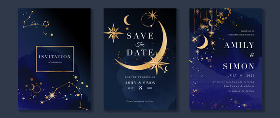 Star and moon themed wedding invitation vector template collection. Gold and luxury save the dated card with watercolor and gold sparkles and brush texture. Starry night cover design background. © TWINS DESIGN STUDIO