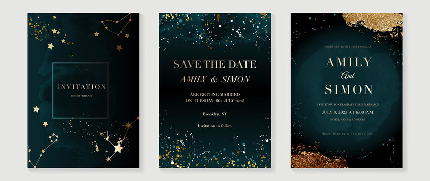 Star and moon themed wedding invitation vector template collection. Gold and luxury save the dated card with watercolor and gold sparkles and brush texture. Starry night cover design background.