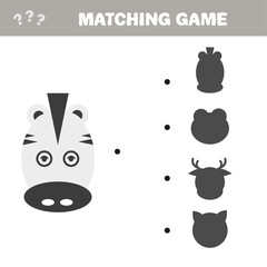 Shadow matching game. Find the correct shadow for cute zebra head. Activity page. Puzzle for children. Riddle for preschool. Cute character.