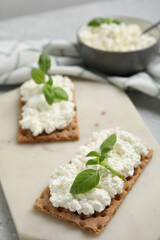 Crispy crackers with cottage cheese and basil on board, closeup