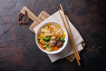 Traditional dish of Asian cuisine: noodles with shiitake mushrooms and vegetables