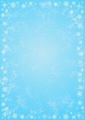 Rectangular frame with white snowflakes on sky blue background. Winter background in watercolor style