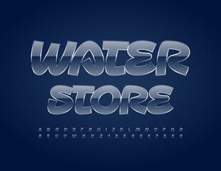 Vector stylish logo Water Store. Glass Alphabet Letters and Numbers. Glossy Transparent Font