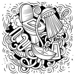 Bathroom hand drawn vector doodles illustration. Bath room design.