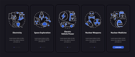 Nuclear power usage onboarding mobile app page screen. Nuclear medicine walkthrough 5 steps graphic instructions with concepts. UI, UX, GUI vector template with linear night mode illustrations