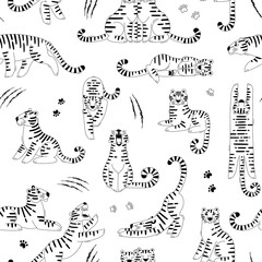 Seamless black-white pattern with cute tigers, scratches and paw marks. Design for fabric and wrapping paper with tiger - symbol of 2022 new year - 471062445