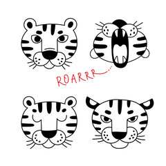 Tiger faces with different emotions. Set of vector clipart in line art style - 471062493