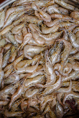 close up fresh shrimps from top view ready for sale at the market, shrimps background with copy space