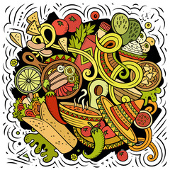 Obraz na płótnie Canvas Mexican food hand drawn vector doodles illustration. Cuisine poster design.