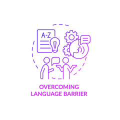 Overcoming language barrier purple gradient concept icon. Expats struggles abstract idea thin line illustration. Learn new language. Cultural difficulties. Vector isolated outline color drawing