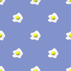 Seamless pattern. Image of chicken egg on pastel blue background. Egg with round yolk. Surface overlay pattern. 3D image. 3D rendering.