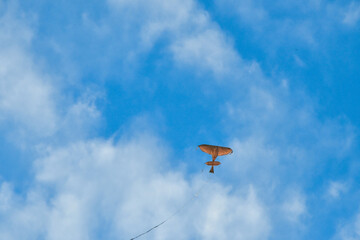 A brown kite flew into the blue sky.