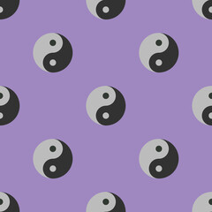 Seamless pattern. Image of Yin Yang symbol on pastel purple backgrounds. Symbol of opposite. Surface overlay pattern. 3D image. 3D rendering.