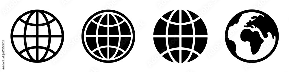 Poster world icons set. world planet earth icon collection. globes with world maps symbol. globe shape line