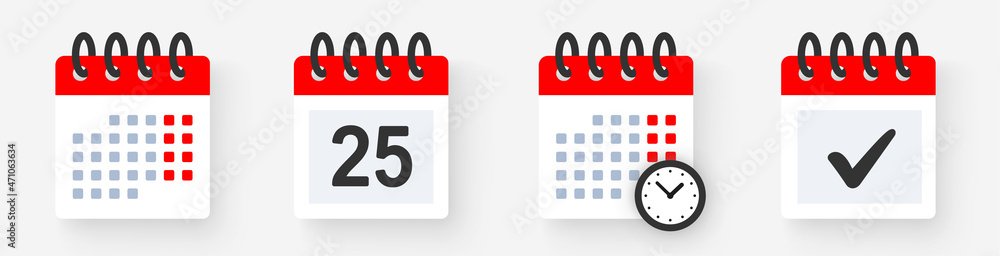Poster calendar icons set. weekly calendar icon with shadow. outline and flat style. clock, check mark, dat