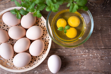 Eggs on wooden table. Brown eggs 