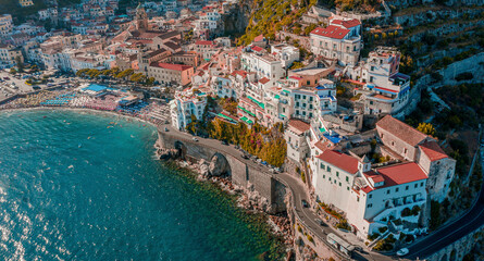 Aerial view of Amalfi, a beautiful and touristic town along the Amalfi coastline, Salerno, Campania, italy.