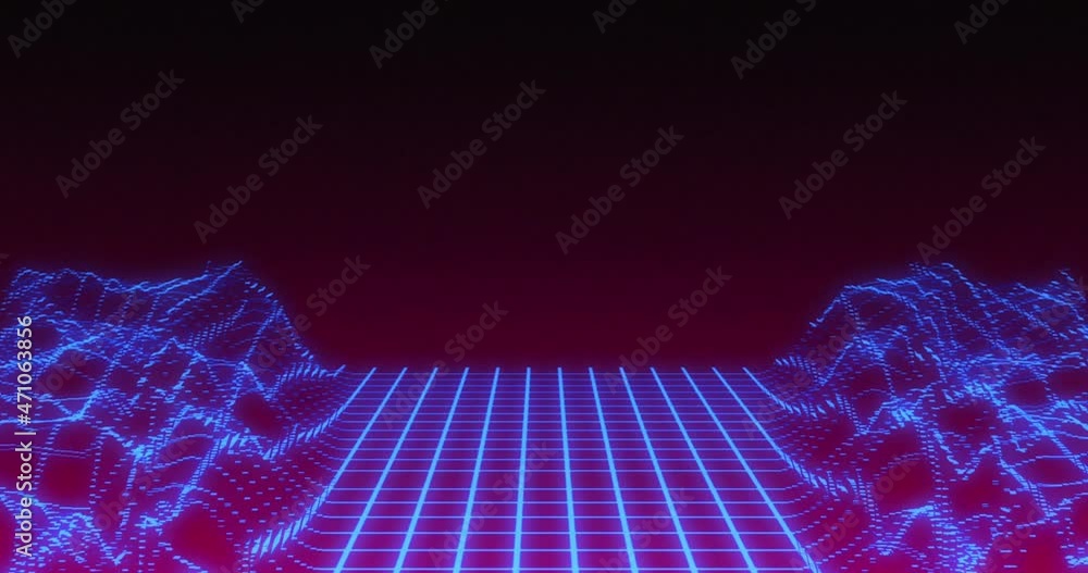 Poster animation of neon circular scanner processing over blue grid landscape moving on black background