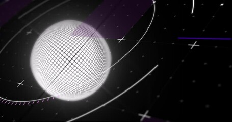 Animation of white rotating globe and circular scanner processing data on black background