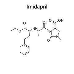 Imidapril molecular structure, flat skeletal chemical formula. ACE inhibitor drug used to treat Hypertension, Heart failure, CAD. Vector illustration.