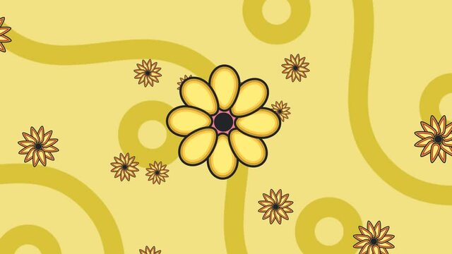 Animation of pink and yellow flowers over gold curves and circles on yellow background