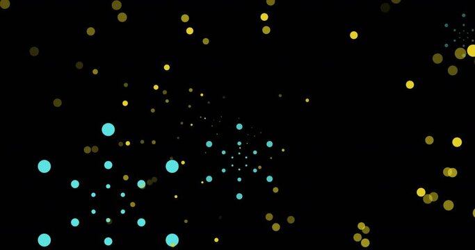 Animation of blue firework explosions and bokeh yellow light spots on black background