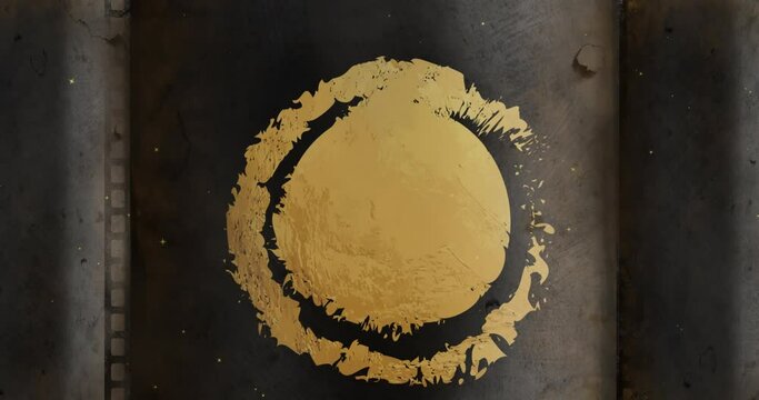 Animation of distressed gold circle and ring design on black with falling snow