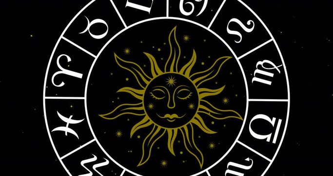 Animation of gold sun and zodiac wheel spinning over snow falling on black background