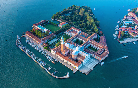 Aerial view of San Giorgio Maggiore church on a small island in the lagoon in Venice, Italy.