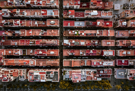 Aerial view of a residential area in Barceloneta district of Barcelona, Spain.